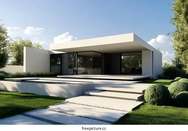 Modern Architecture House Design With Grass Garden And Pathway
