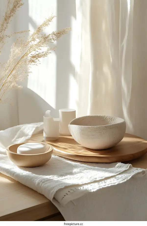Minimalist Bathroom Design With White Towels And Wooden Accessories
