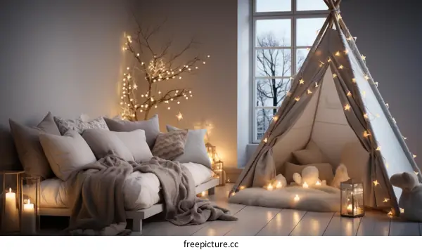 Cozy bedroom with a teepee for kids