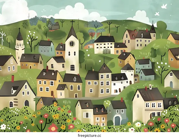 Cute Cartoon Illustration Of A Small Town In The Hills With Colorful Houses