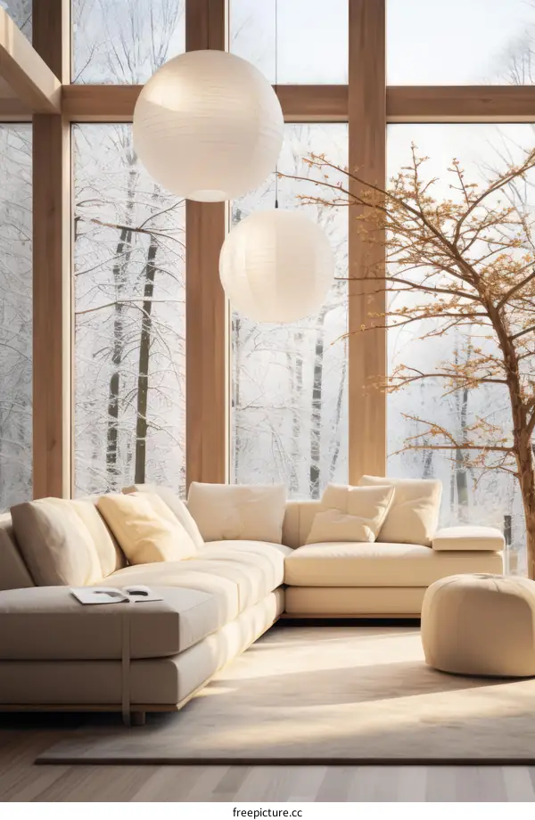 Bright and airy living room with large windows and a comfortable sofa