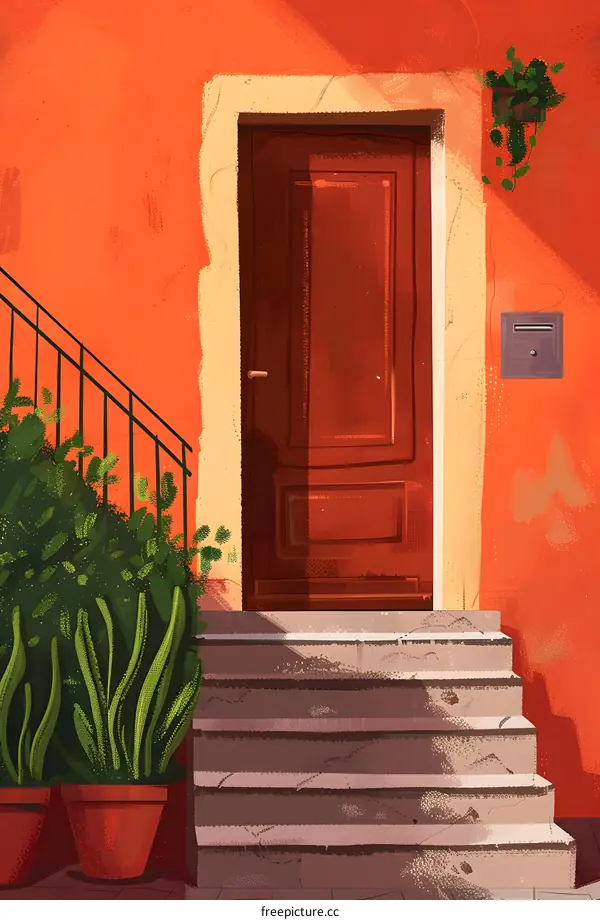 Red Doorway with Stairs and Greenery in a Sunny Day