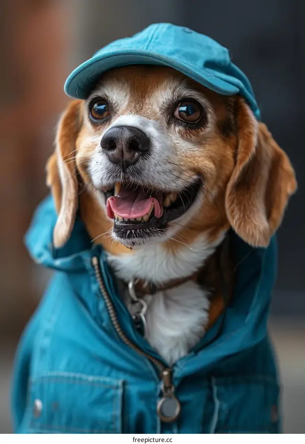 A happy dog wearing a blue hat and a blue raincoat