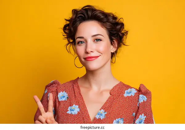 Smiling Woman in Floral Dress Making Peace Sign