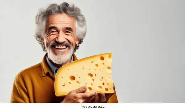 An old man holding a big piece of cheese