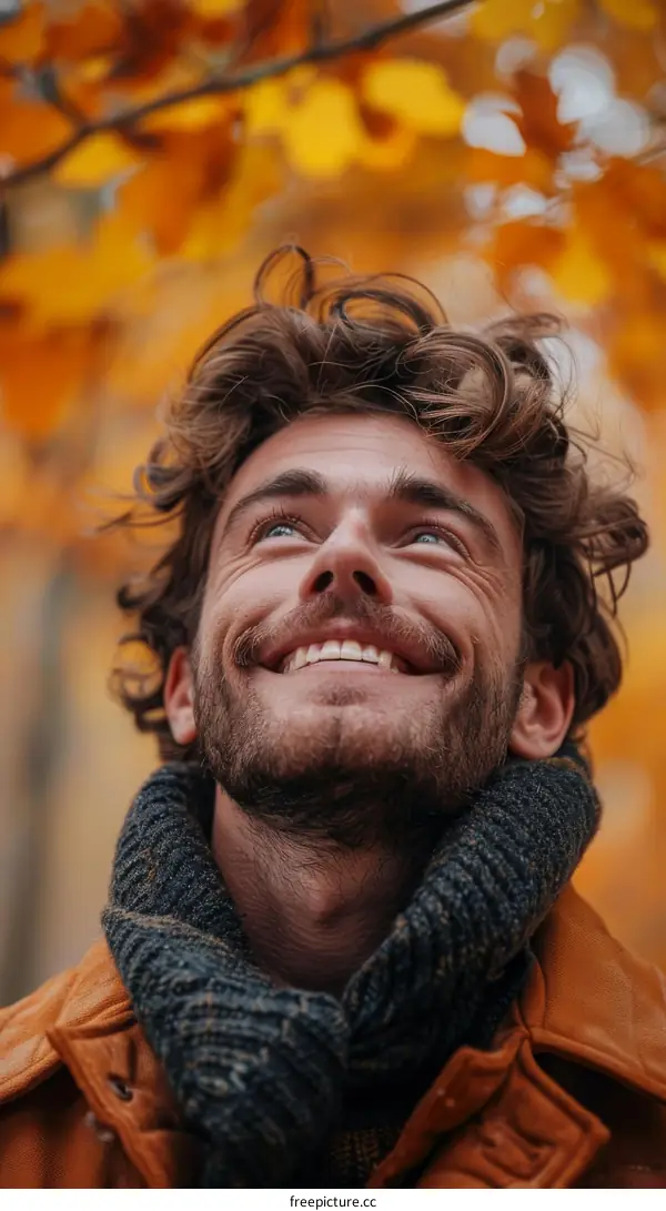 portrait of a happy young man with curly hair and beard wearing a brown jacket and scarf looking up at the sky in autumn