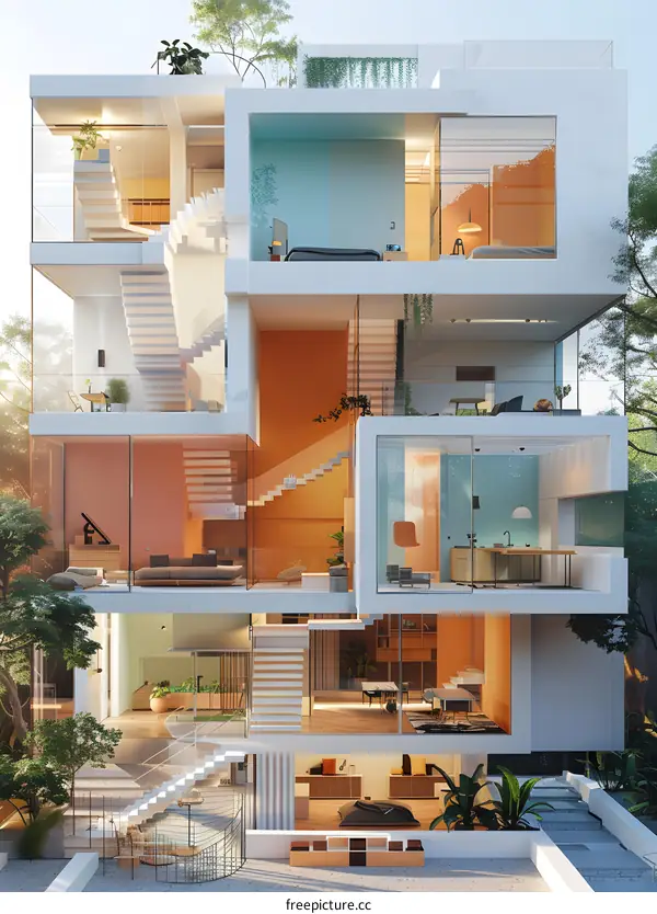 A modern house with a lot of glass windows and different colored rooms
