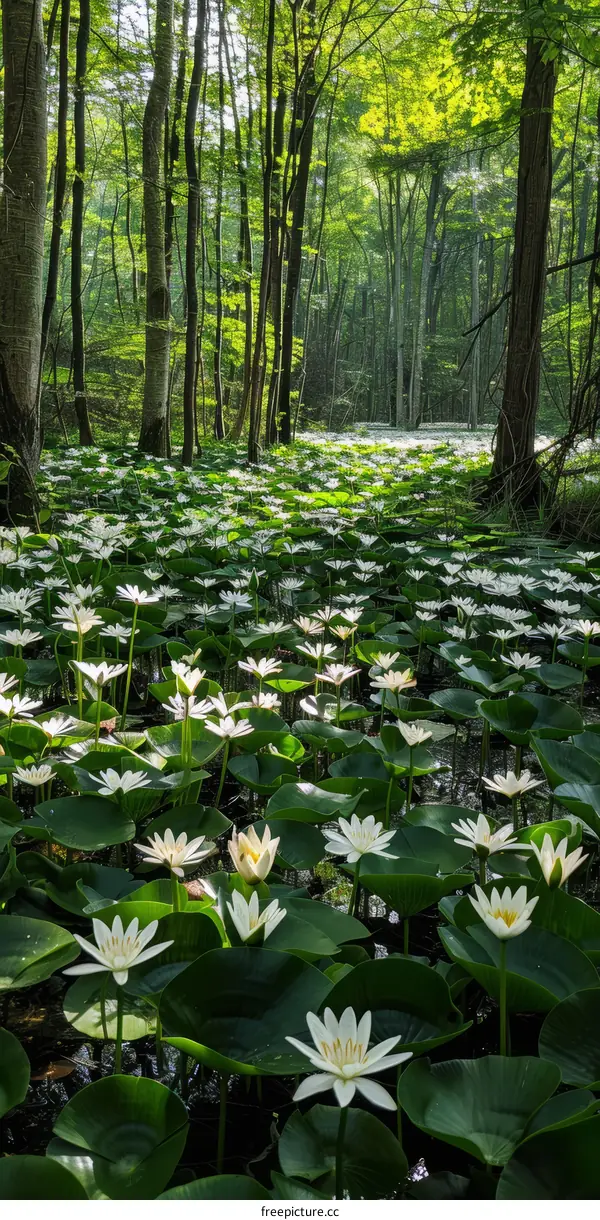Blooming Water Lilies in Forest Pond