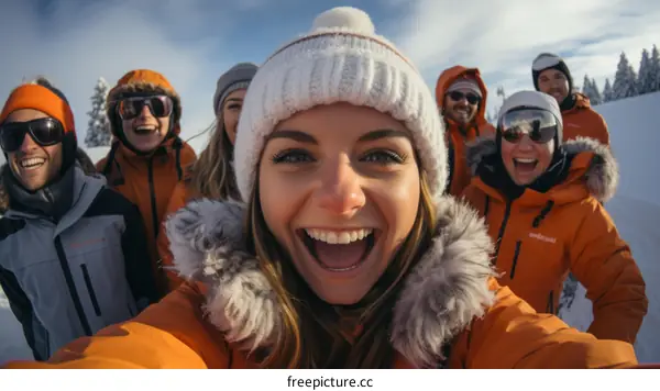 A group of friends skiing down a snowy mountain