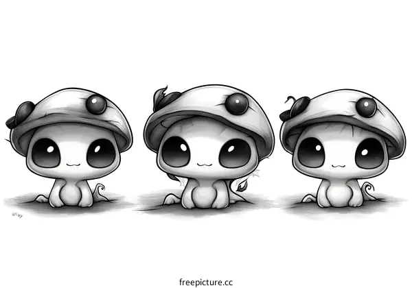 Cute Cartoon Illustration of Three Mushroom Creatures