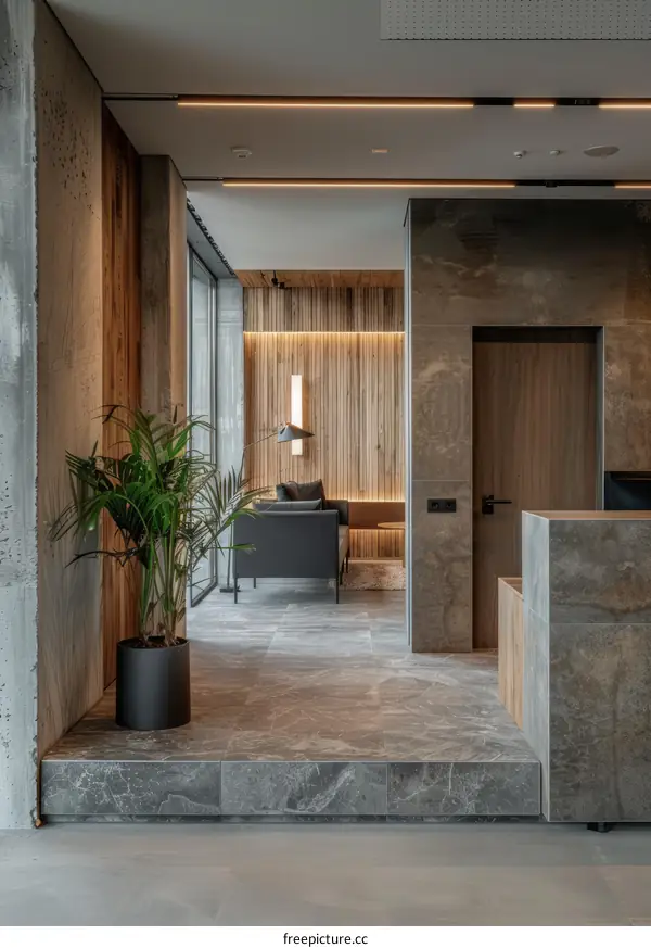 Modern Minimalist Office Interior with Wood and Stone Elements