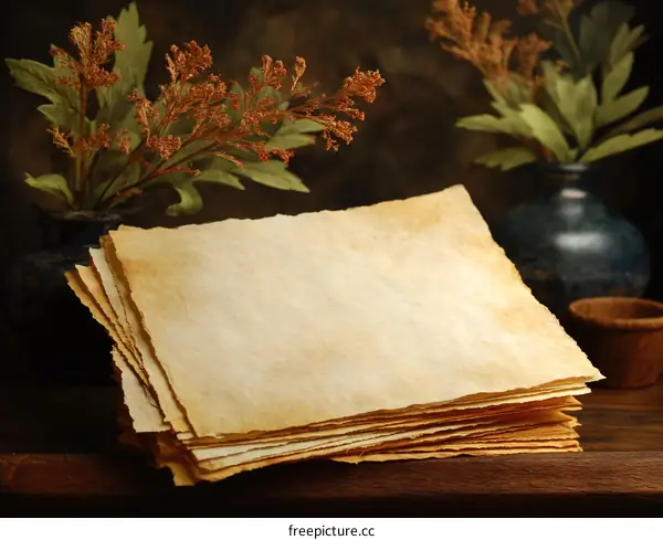 Vintage Aged Paper Stack with Decorative Elements