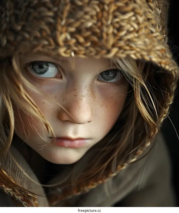 girl wearing brown hand-knitted hat looking at camera with serious expression