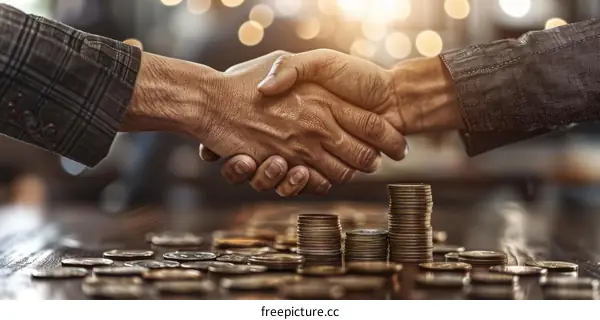 Business partners shaking hands over a table full of money