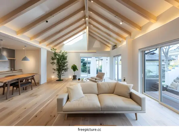 Modern Japanese Home Interior Design with Wooden Beams and Large Windows