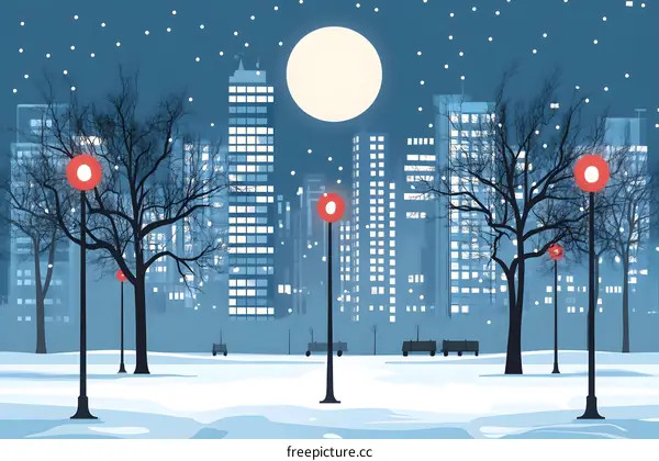 Snowy City Night with Full Moon and Streetlights