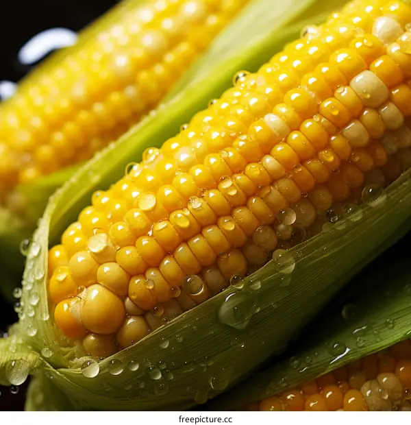Close-up of fresh corn on the cob with water drops