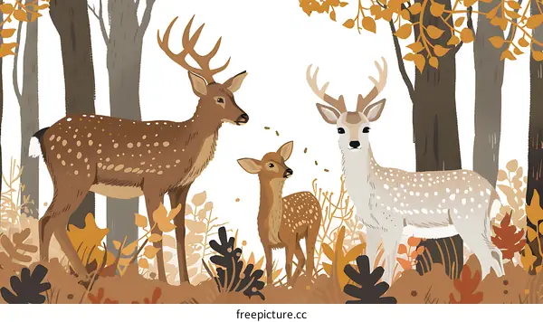 Three Deers In The Autumn Forest Illustration