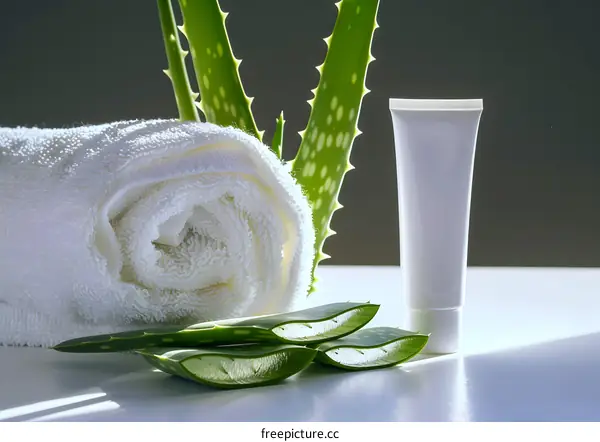 Aloe Vera Plant, Cream Tube And White Towel On White Table