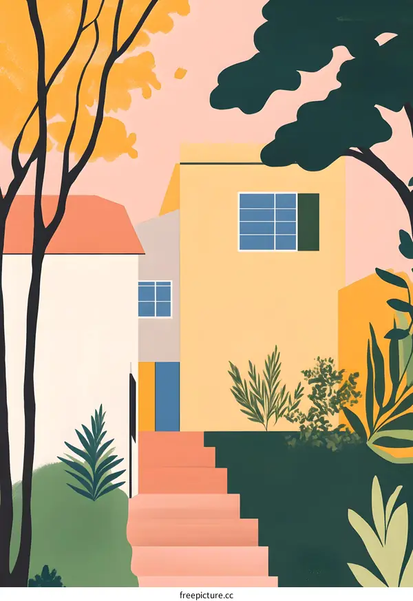 Abstract Illustration of a House with a Pink Sky and Green Trees