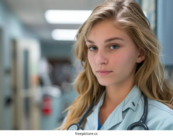 Portrait of a young female doctor or nurse with stethoscope around her neck