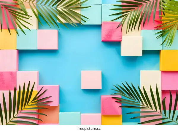 Colorful Wooden Blocks and Palm Leaves on Blue Background