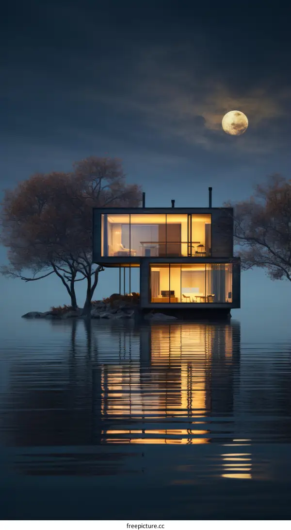 Modern Lake House at Night with Stunning Reflections