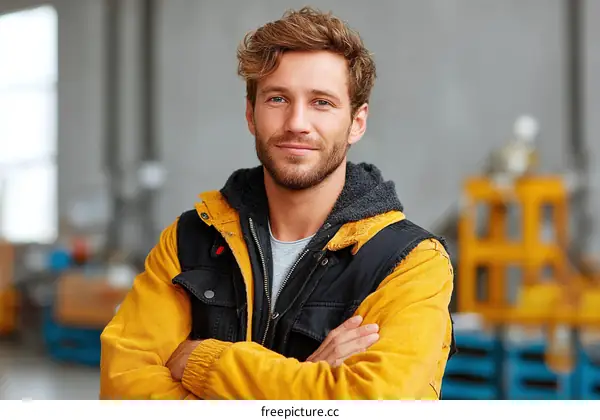 Confident Caucasian Male Worker Portrait in Industrial Setting