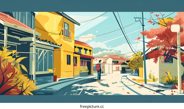 Colorful Illustration of a Small Town Street with a Person Walking