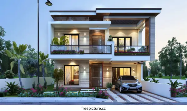 Modern Two-Story House Exterior Design Illustration