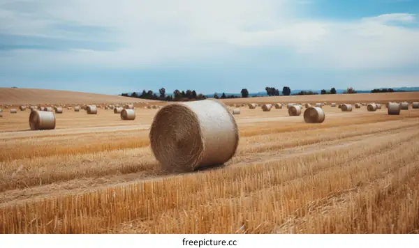 Wide-Angle Shot of Round Hay Bales Under the Blue Skies