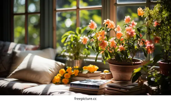 Bright Living Room with Large Window and Potted Plant