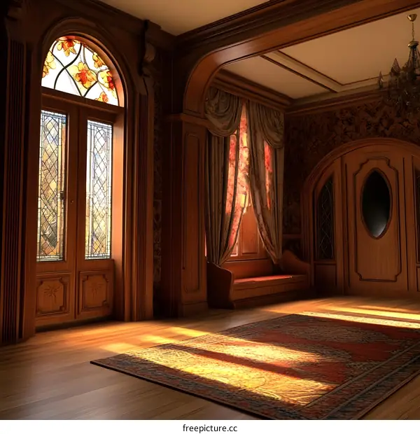 Luxury Wooden Interior Design with Stained Glass Window