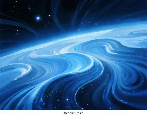 Vibrant Blue Cosmic Waves Spiral Through Starry Night Sky