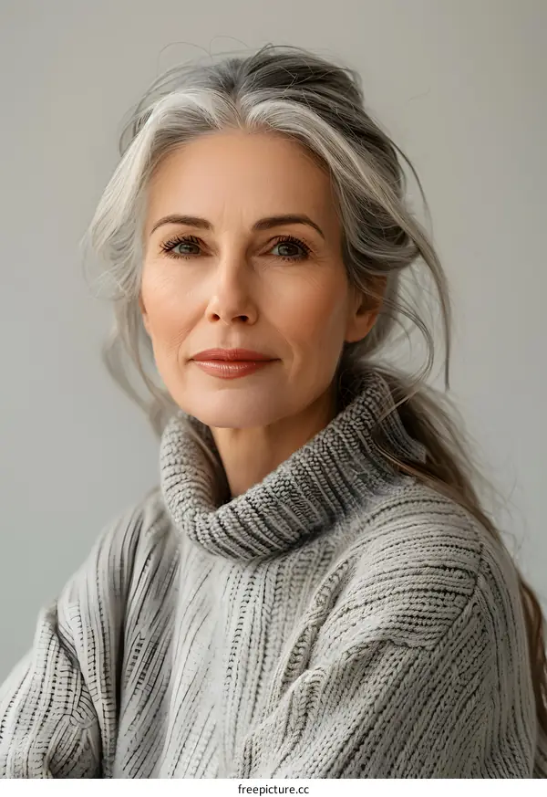 Portrait of a beautiful mature woman with silver hair in a gray sweater