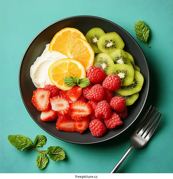 Fresh Fruit Salad with Cream Cheese in Black Bowl on Green Background