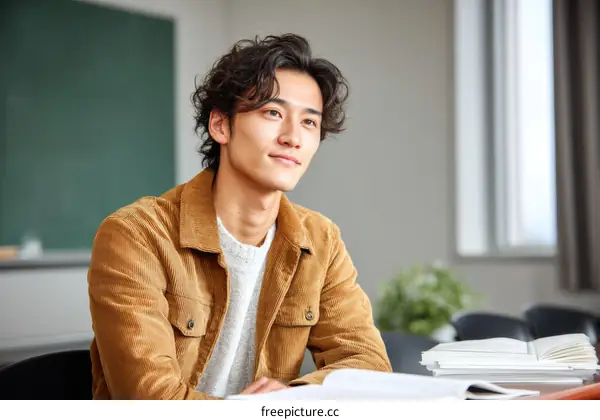 Asian Man Student Studying in Classroom