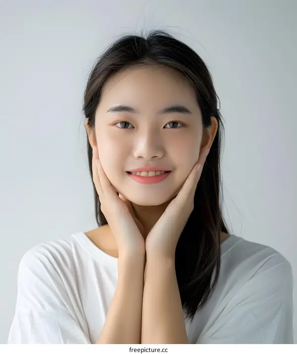 Smiling Asian Woman with Hands on Cheeks