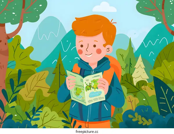Young Boy Hiking in Forest Looking at Map