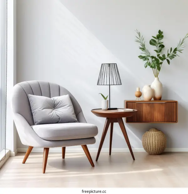 Stylish Gray Armchair and Wooden Side Table with Lamp