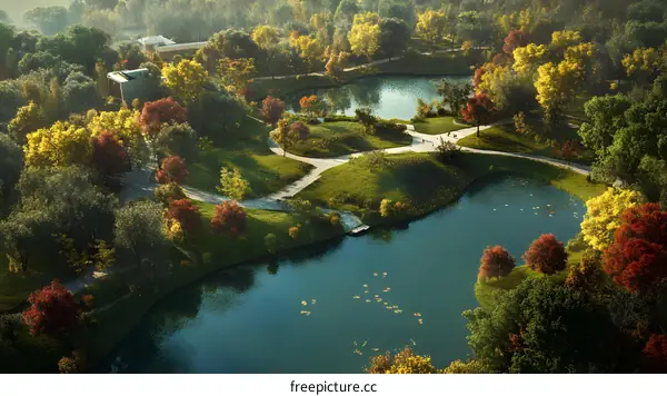 Aerial View of Park with Winding Paths and Lakes in Autumn