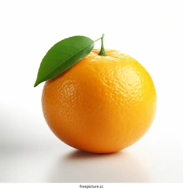 An orange fruit with a green leaf on a white background