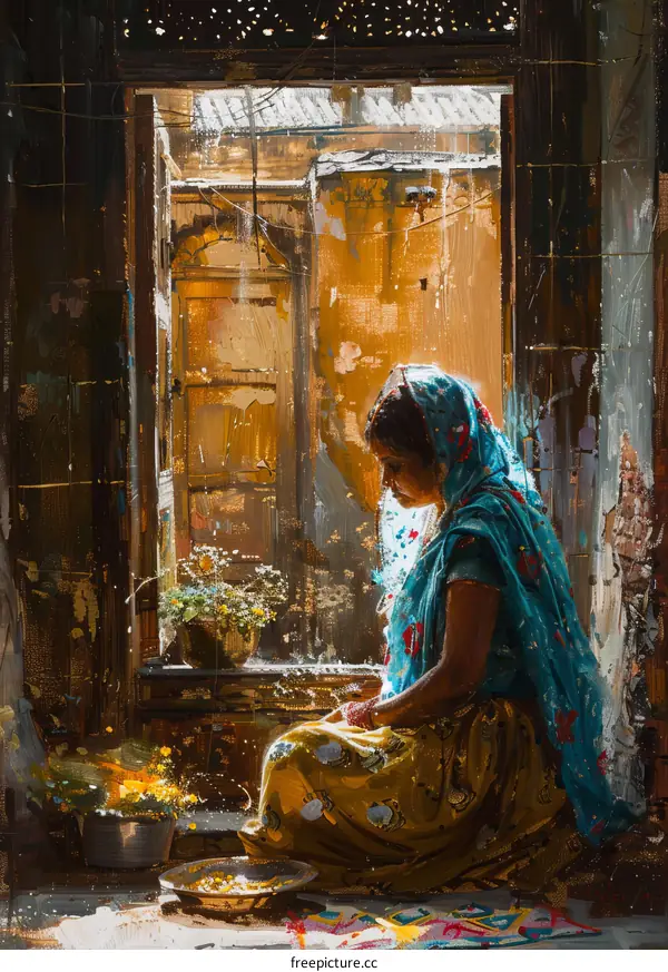 A woman in a blue sari sits on the floor in front of a window