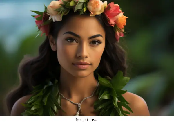 Young Woman in Flower Crown and Hawaiian Lei