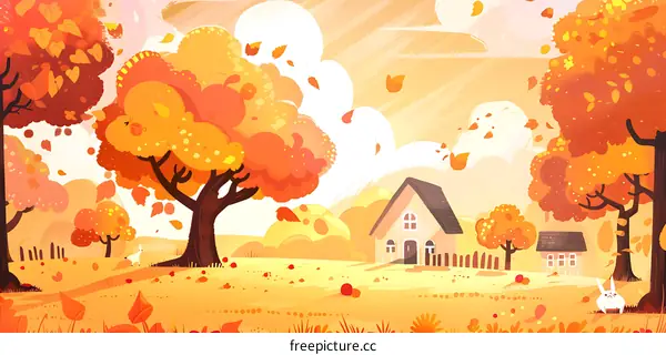 Autumn Landscape with a White Rabbit and a House