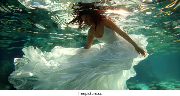 An underwater photo of a woman in a white dress
