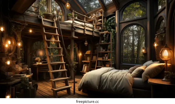 A cozy bedroom in a treehouse with a view of the forest