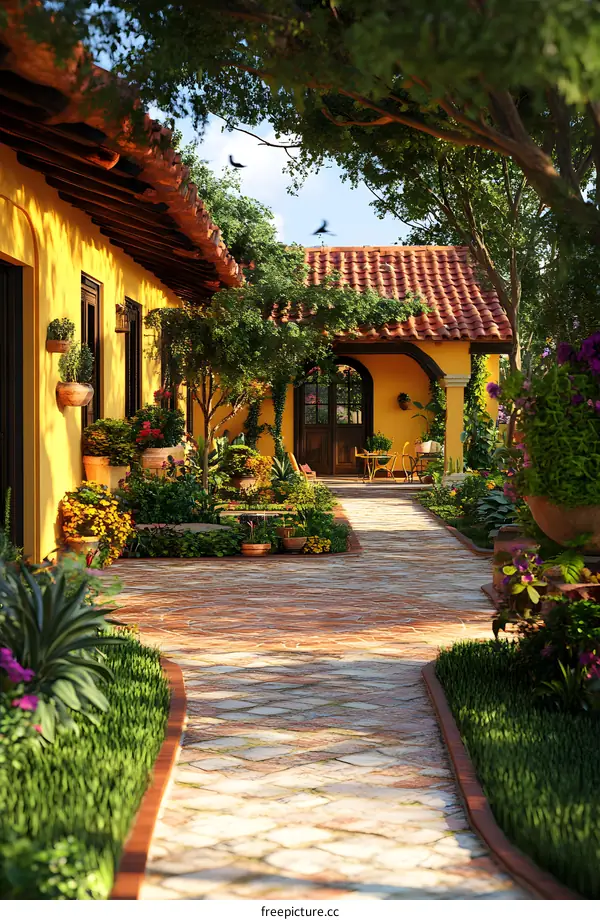 Spanish Style Villa with Stone Patio and Lush Greenery