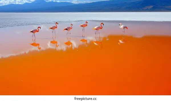 Flamingos in a Colorful Salt Lake Landscape