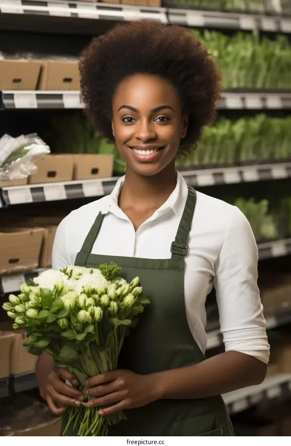 Portrait of a smiling African American female florist holding a bouquet of white flowers in a grocery store
